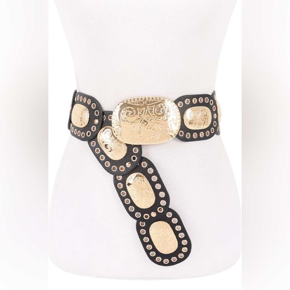 Black & Gold Vegan Leather Western Concho Statement Belt
